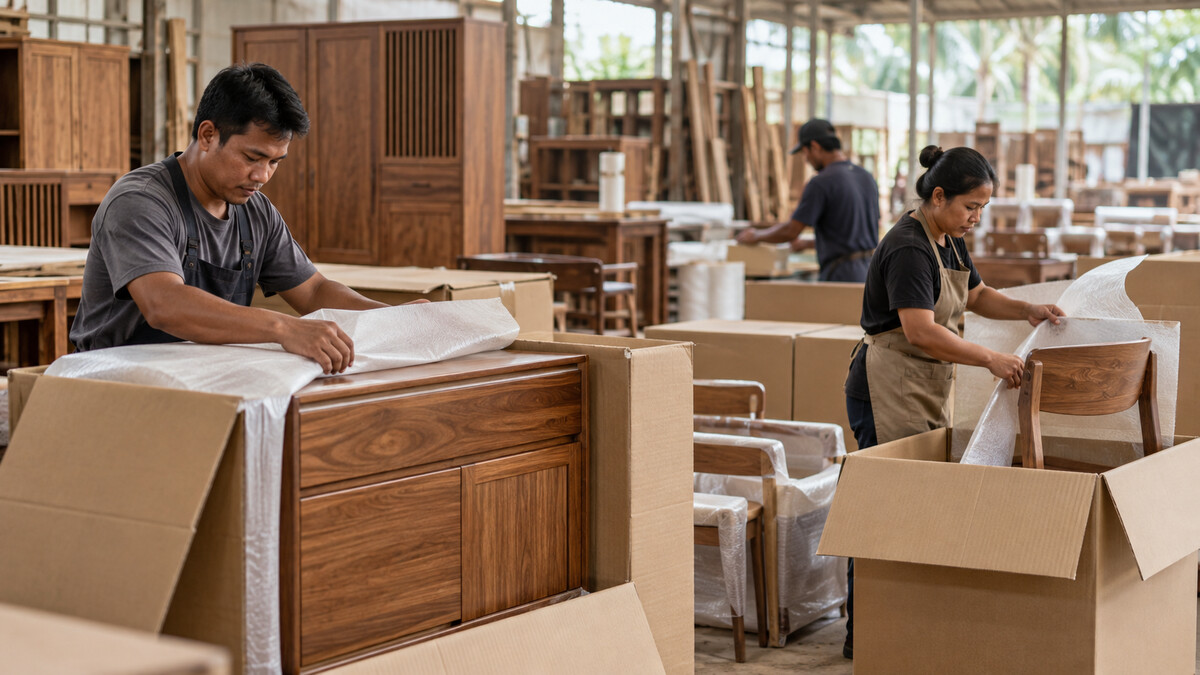 Finished wooden cabinets and chairs being packed into corrugated cardboard inside a Southeast Asian furniture workshop